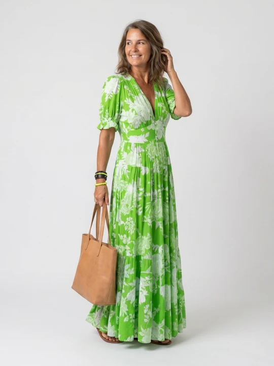 ADRIANA | Robe midi fleurie sans manches avec col en V