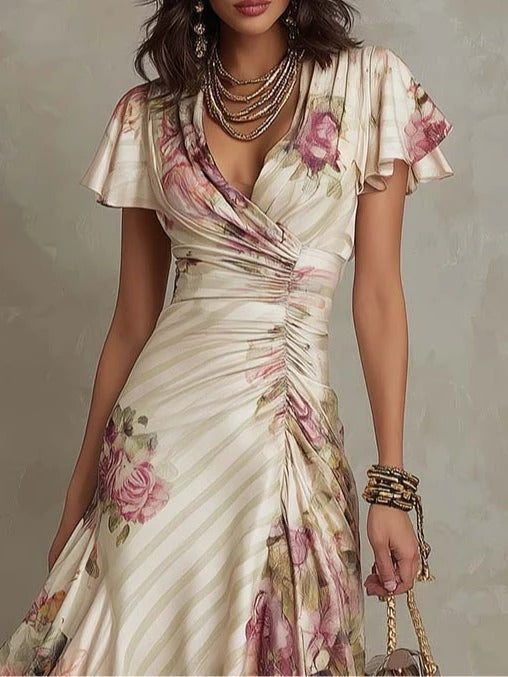 JULIETA | Robe midi élégante en satin à imprimé floral, de style rétro