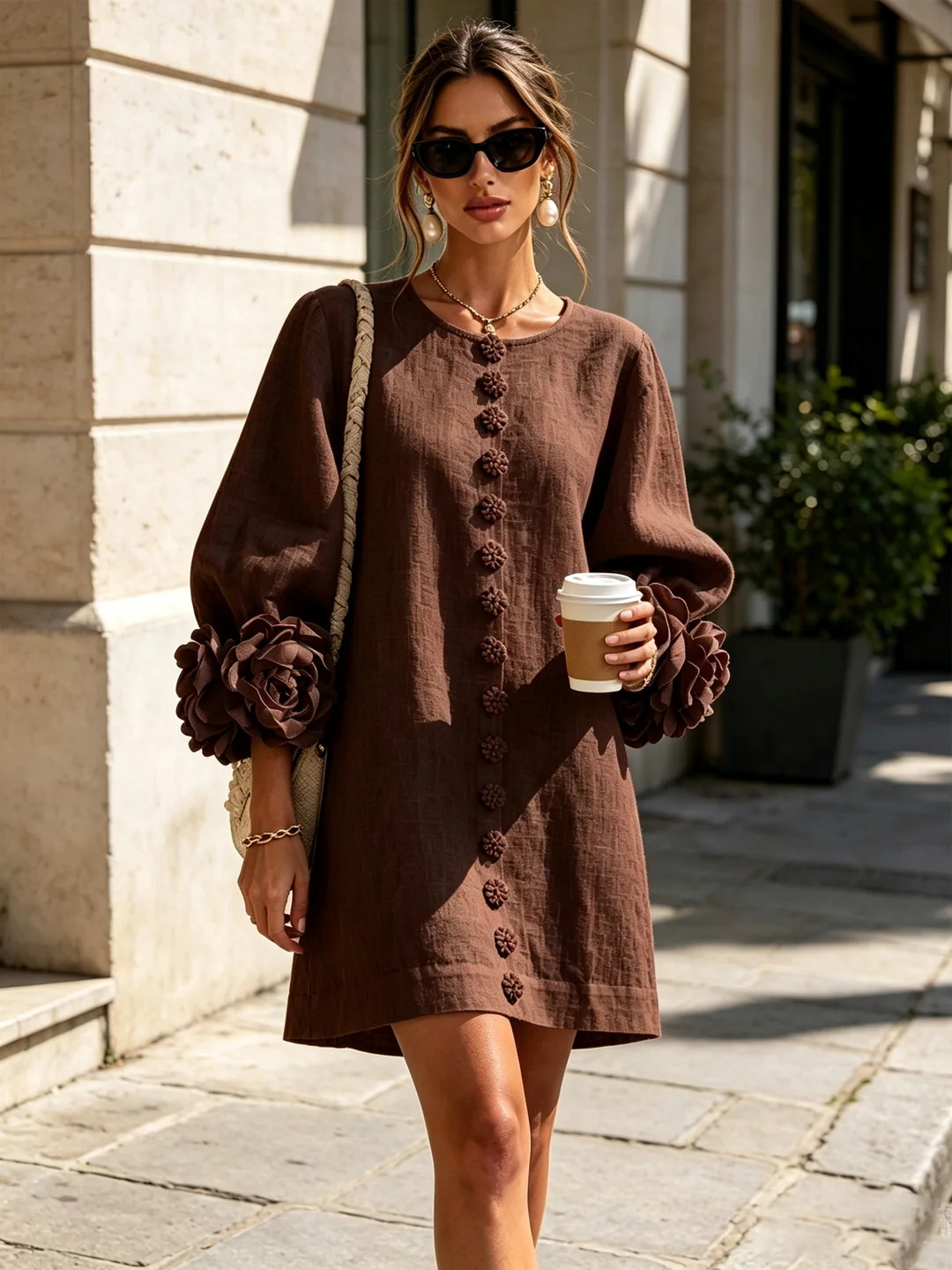 Bruna | Mini-Robe en Mélange de Lin avec Poignets Roses, Marron Chocolat