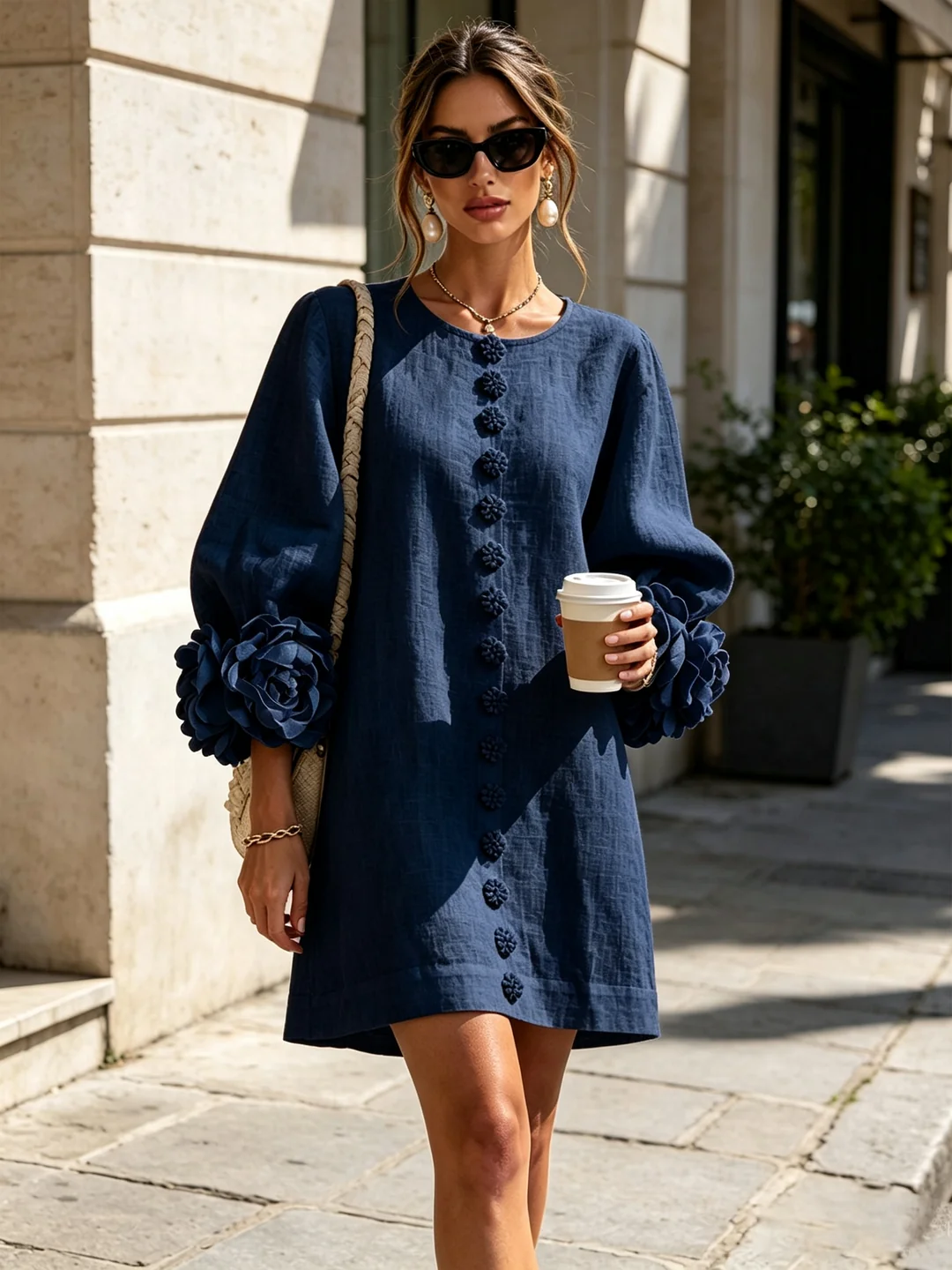 Marina | Mini-Robe en Mélange de Lin avec Poignets Roses, Bleu Marine