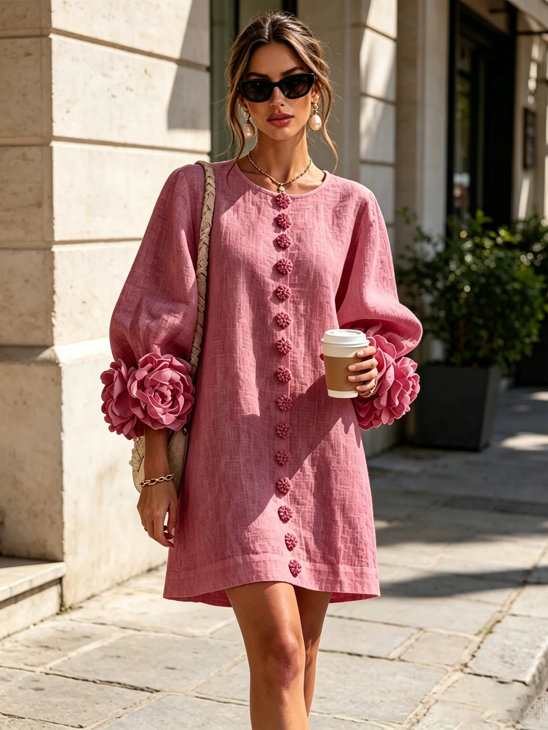 Alba | Mini-Robe en Mélange de Lin avec Poignets Roses, Rosa Antico