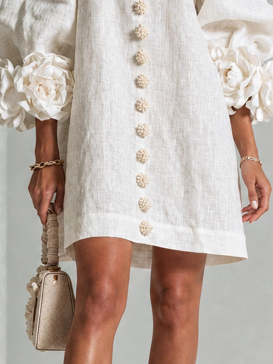 Chiara | Mini-Robe en Mélange de Lin avec Poignets Roses, Blanc