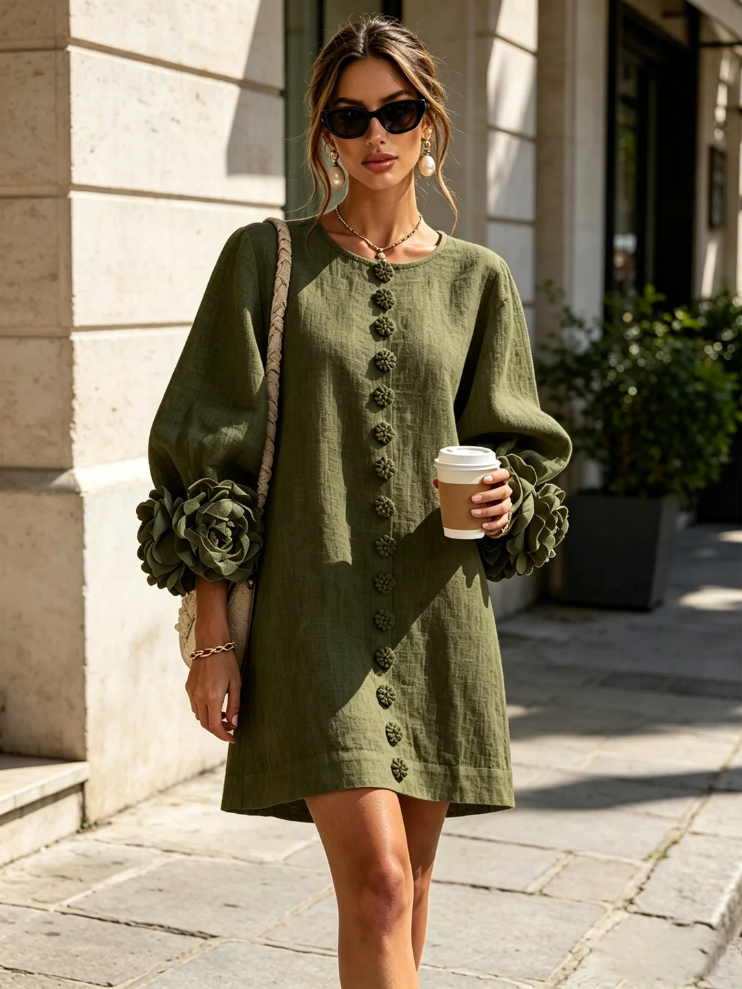 Gaia | Mini-Robe en Mélange de Lin avec Poignets Roses, Vert Olive