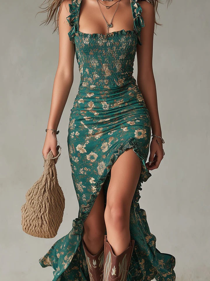 ISABELLA - Robe longue rétro de style bohème avec manches froncées et fente haute