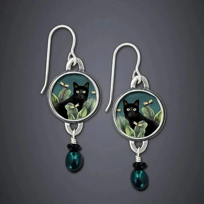 Boucles d'oreilles vintage noires à motifs tropicaux