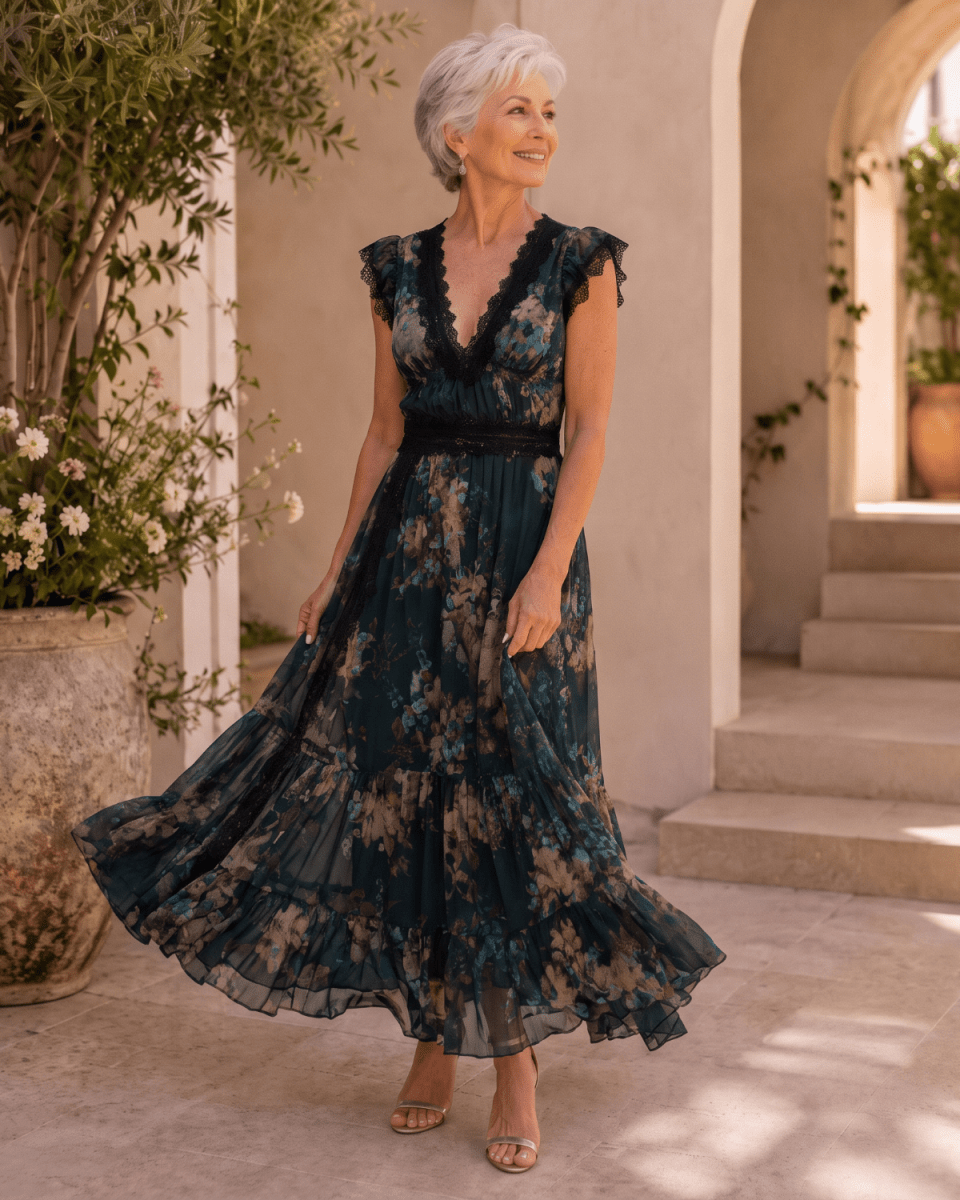Andrea | Robe maxi bohème à fleurs avec décolleté en V et dentelle