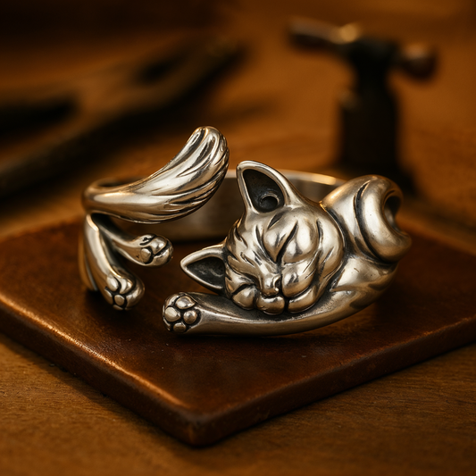 Bague en argent vintage avec des chats