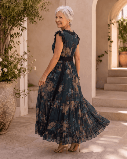 Andrea | Robe maxi bohème à fleurs avec décolleté en V et dentelle