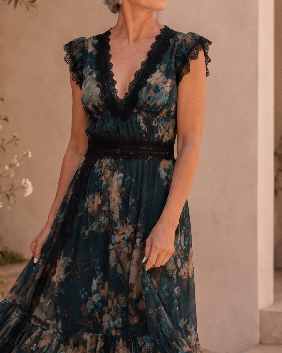 Andrea | Robe maxi bohème à fleurs avec décolleté en V et dentelle