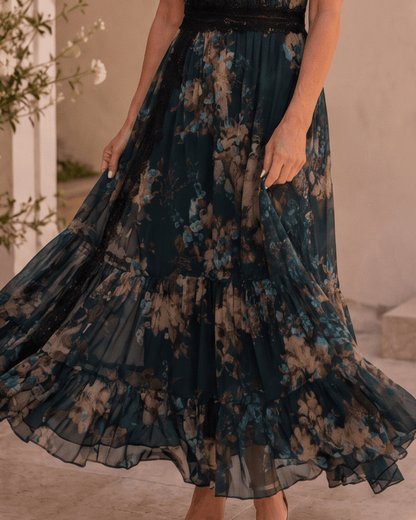 Andrea | Robe maxi bohème à fleurs avec décolleté en V et dentelle