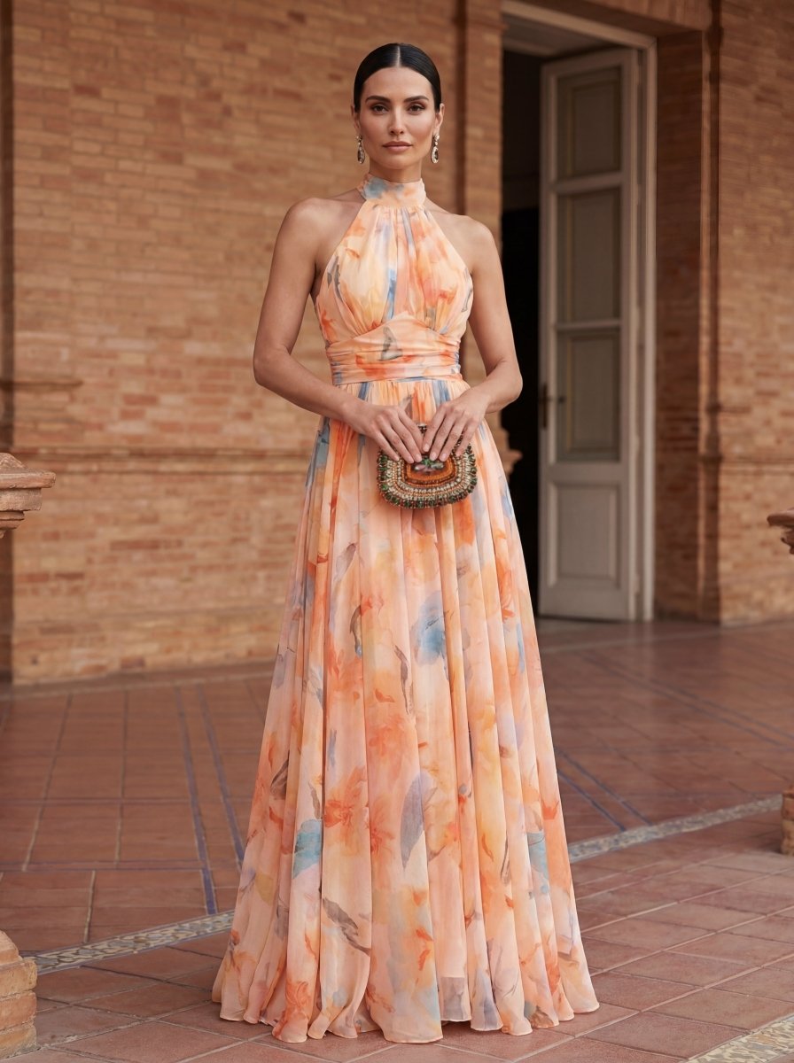 Esther | Robe à col halter avec imprimé aquarelle