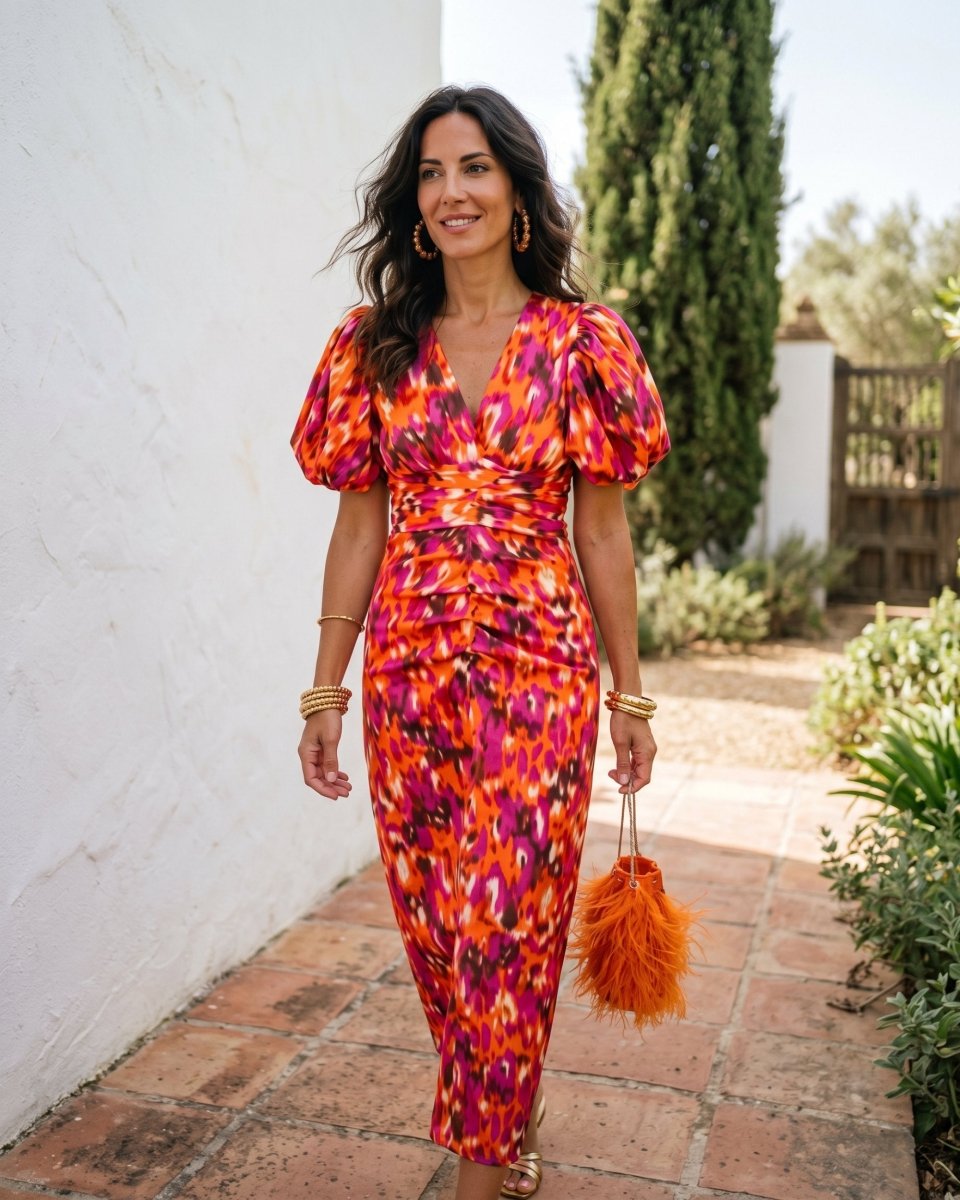 Cristina | Robe Midi Imprimée à Manches Bouffantes