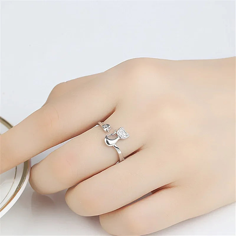 Bague ouverte mignonne avec motif de chat – Zircones