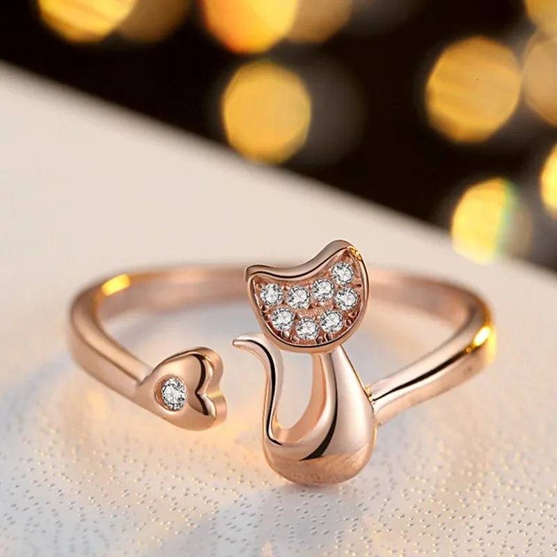 Bague ouverte mignonne avec motif de chat – Zircones