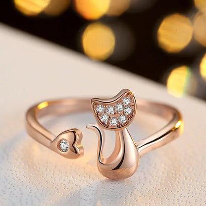 Bague ouverte mignonne avec motif de chat – Zircones