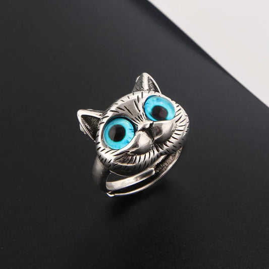 Bague avec chat aux yeux bleus – Bague en argent vintage ludique pour les amoureux des chats