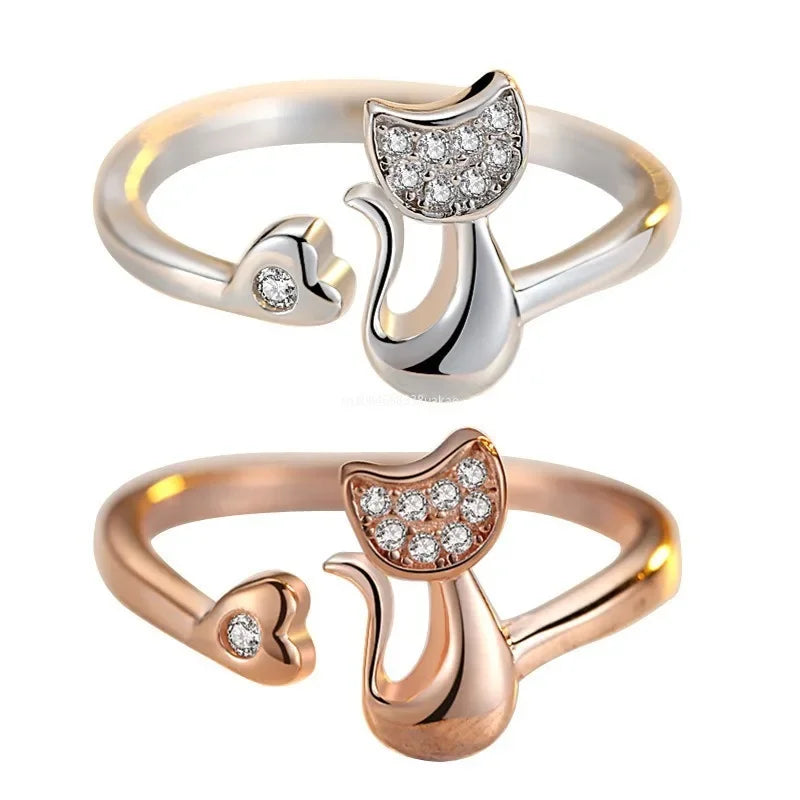 Bague ouverte mignonne avec motif de chat – Zircones