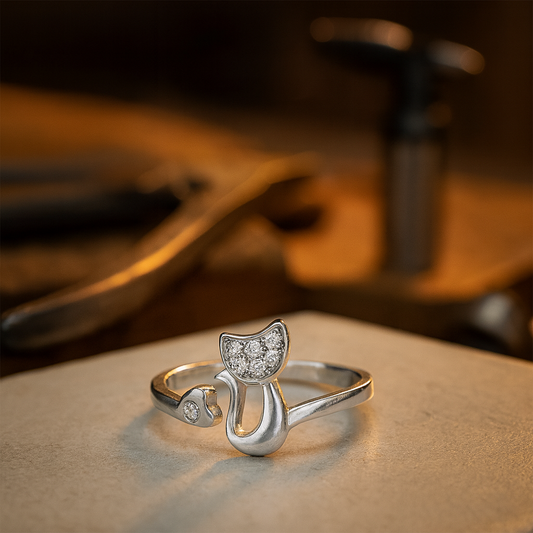 Bague ouverte mignonne avec motif de chat – Zircones