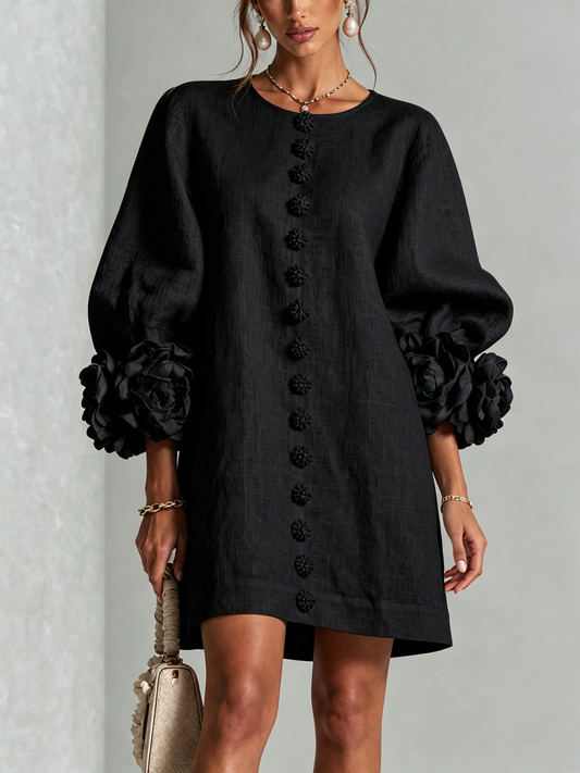 Cecilia | Mini-Robe en Mélange de Lin avec Poignets Roses, Noir