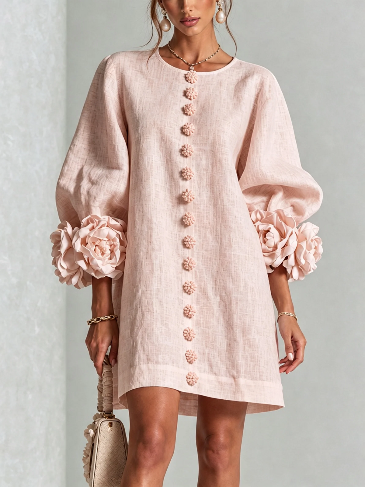 Noemi | Mini-Robe en Mélange de Lin avec Poignets Roses, Rose