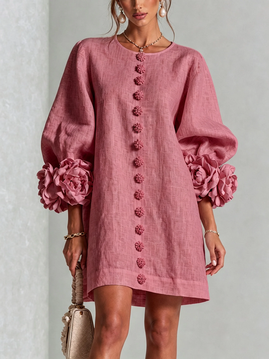 Alba | Mini-Robe en Mélange de Lin avec Poignets Roses, Rosa Antico