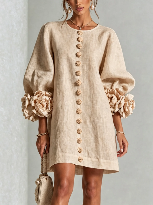 Ambra | Mini-Robe en Mélange de Lin avec Poignets Roses, Beige
