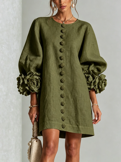 Gaia | Mini-Robe en Mélange de Lin avec Poignets Roses, Vert Olive