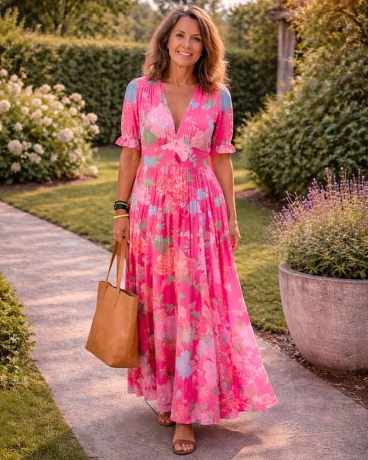 ADRIANA | Robe midi fleurie sans manches avec col en V