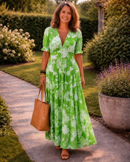 ADRIANA | Robe midi fleurie sans manches avec col en V