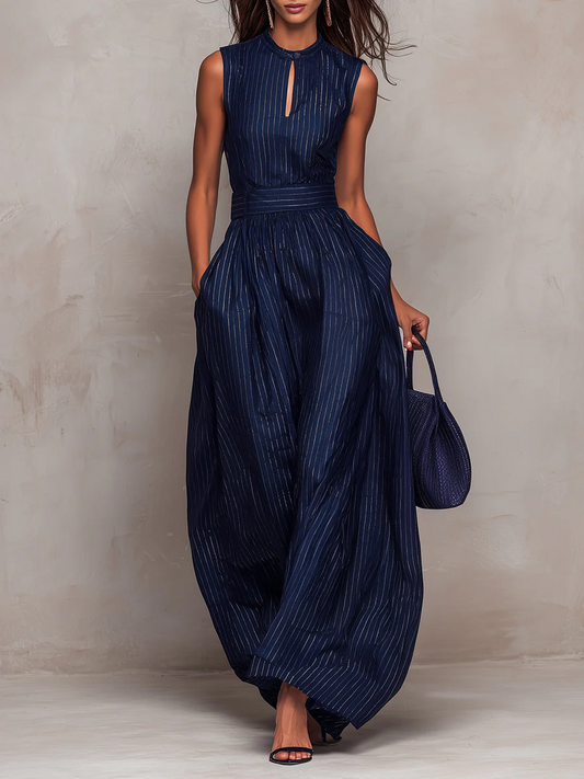 VALENTINA | Combinaison bleu foncé à rayures avec col en V et pantalon à jambes larges