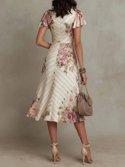 JULIETA | Robe midi élégante en satin à imprimé floral, de style rétro