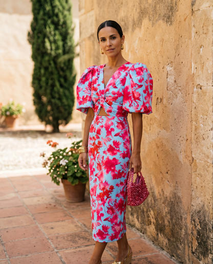 Cristina | Robe Midi Imprimée à Manches Bouffantes