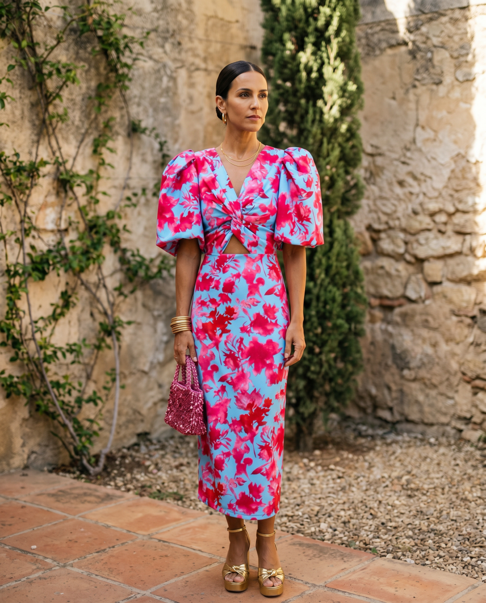 Cristina | Robe Midi Imprimée à Manches Bouffantes