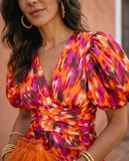 Cristina | Robe Midi Imprimée à Manches Bouffantes