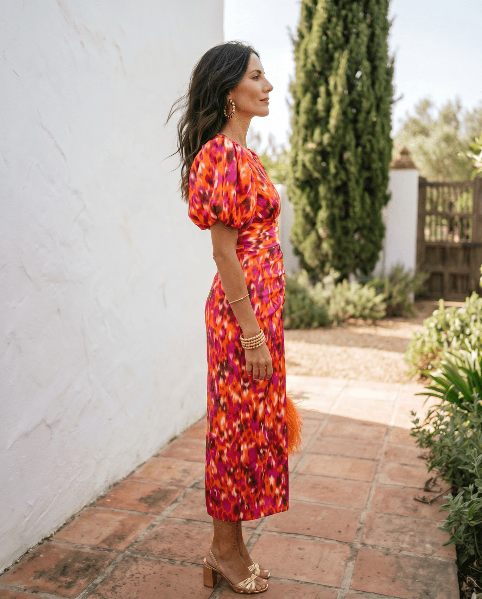 Cristina | Robe Midi Imprimée à Manches Bouffantes