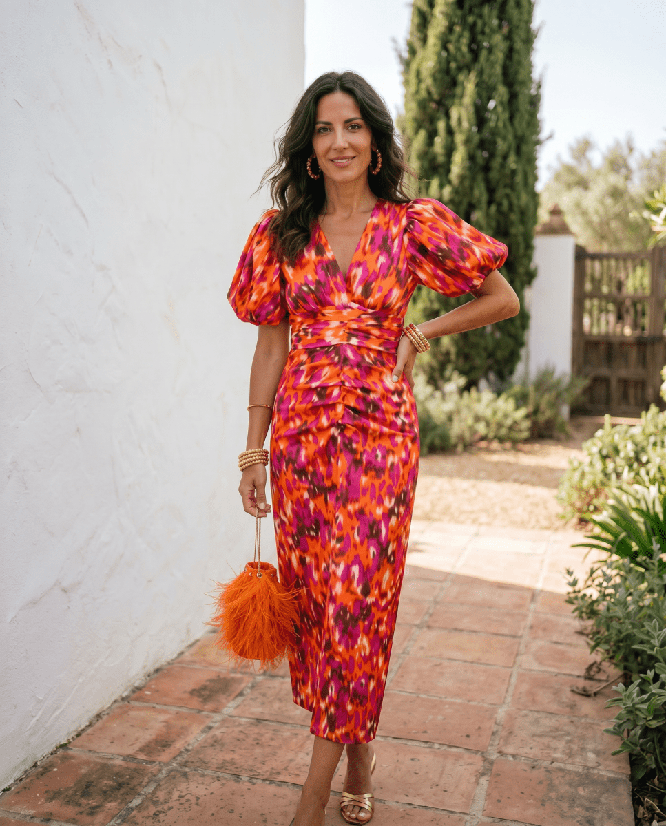 Cristina | Robe Midi Imprimée à Manches Bouffantes