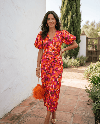 Cristina | Robe Midi Imprimée à Manches Bouffantes