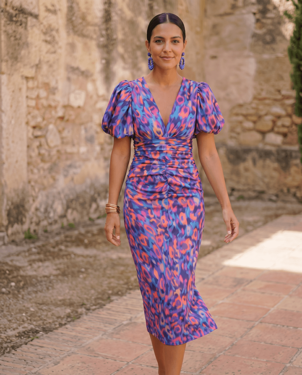 Cristina | Robe Midi Imprimée à Manches Bouffantes