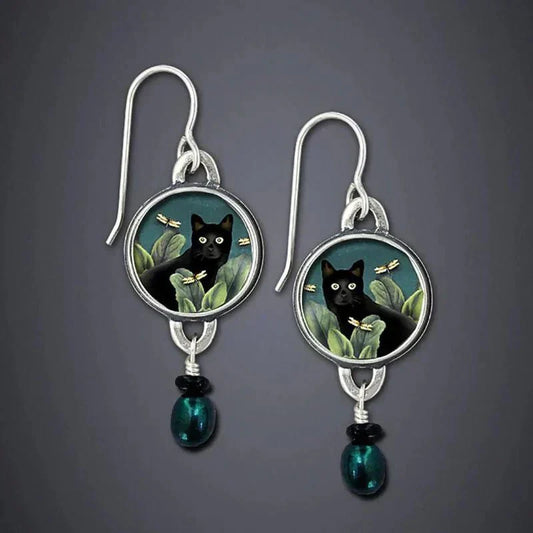 Boucles d'oreilles vintage noires à motifs tropicaux